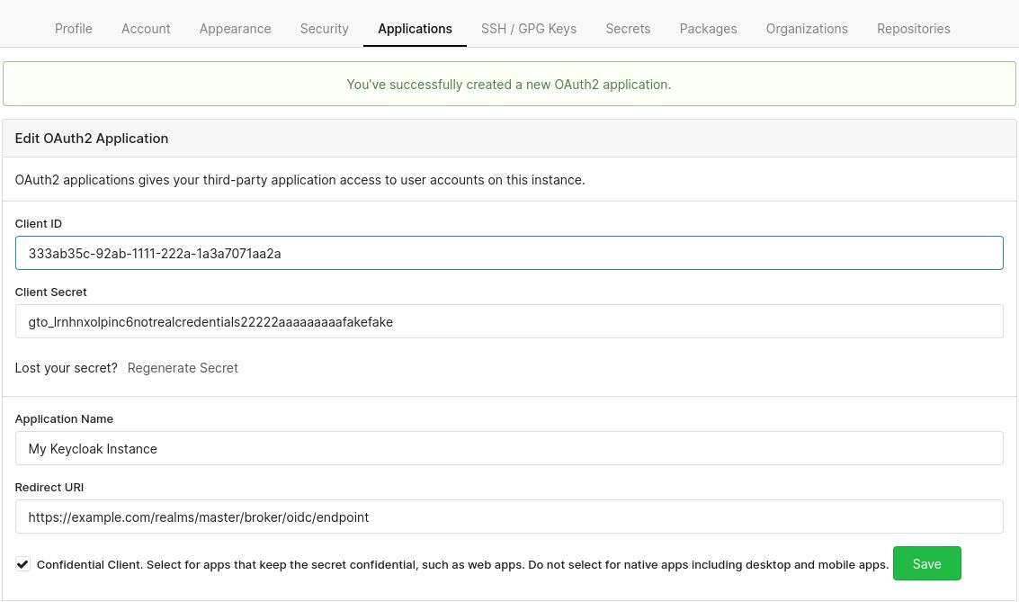Screenshot of the newly created application on Codeberg; it contains some generic information about the application,
 as well as the Client ID and Client Secret credentials.