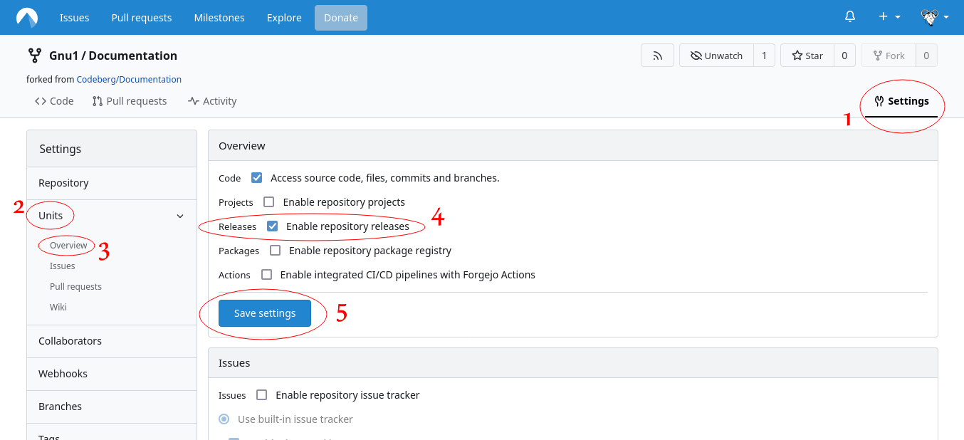 Screenshot of an example repository's settings with circles drawn over the buttons described in the steps above