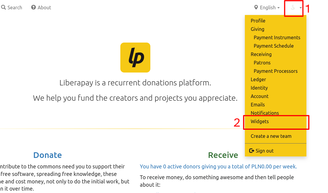Screenshot of Liberapay's homepage with rectangles marking the profile picture on the top right of the page and
 the Widgets button.